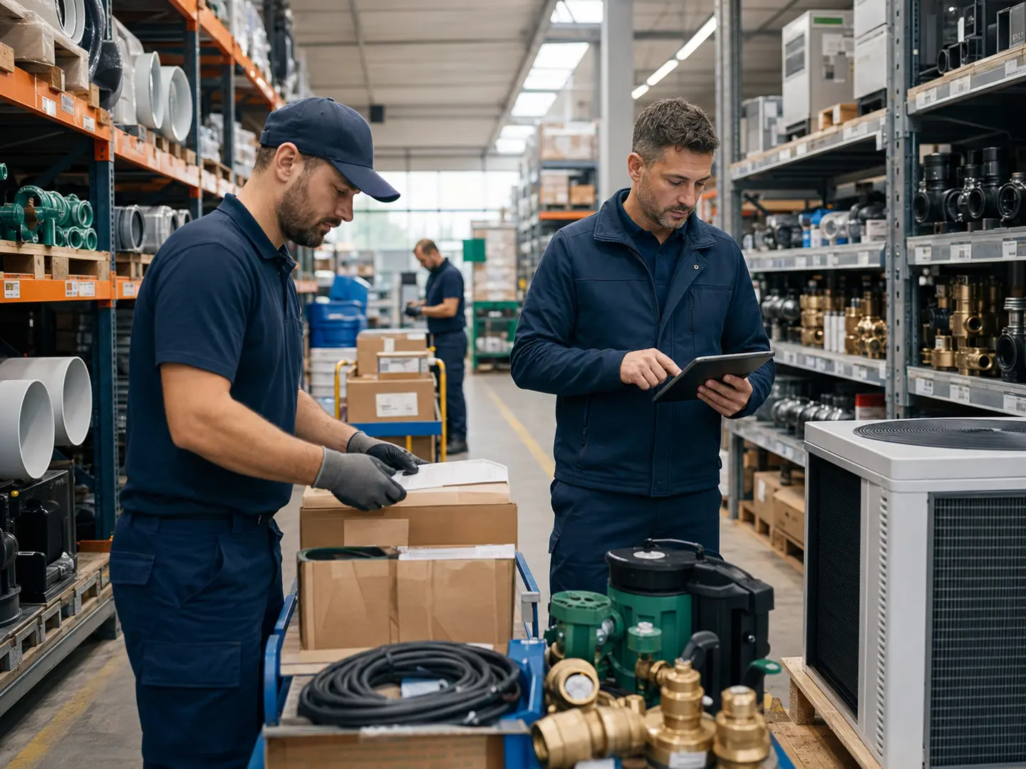 Equipo técnico preparando pedidos en un almacén profesional